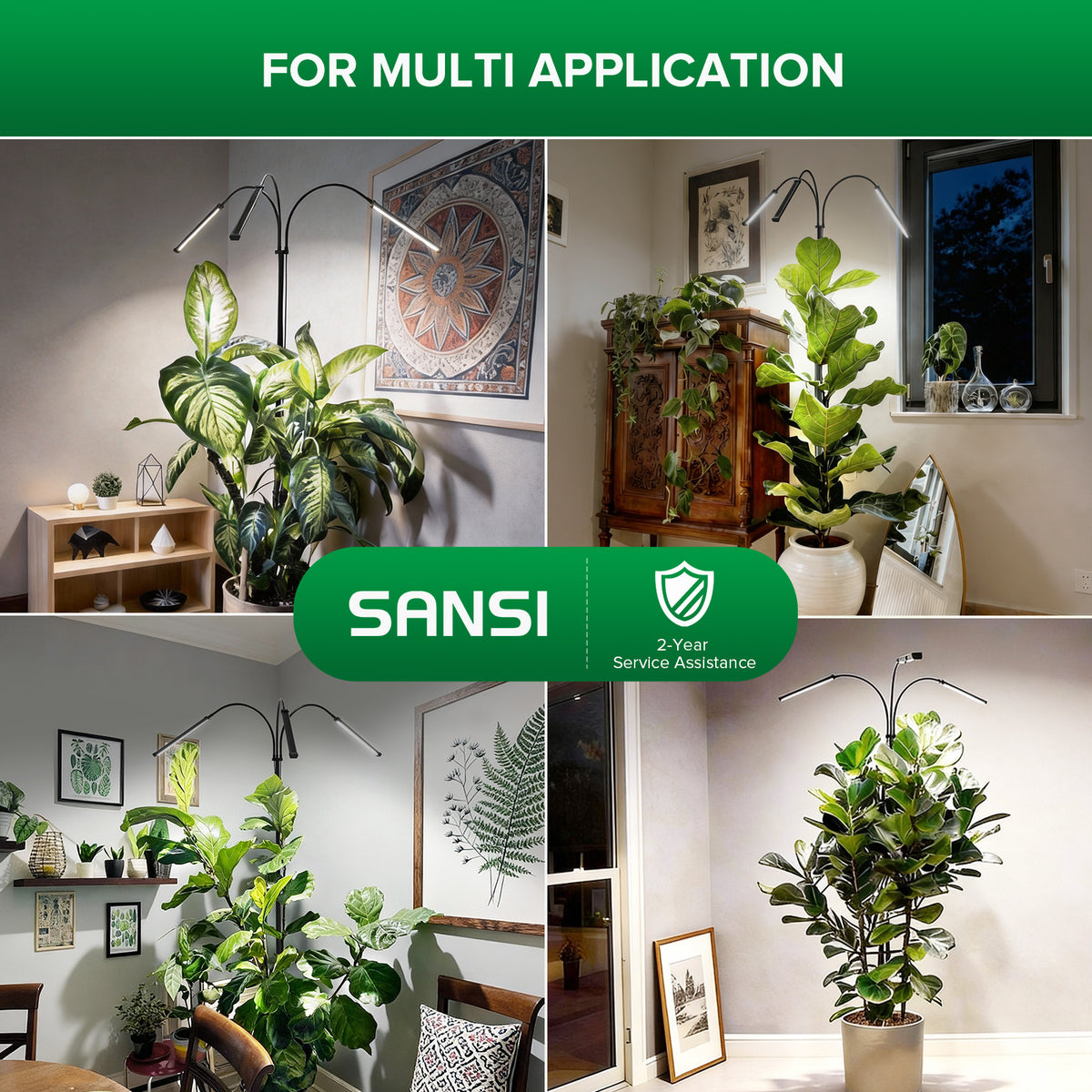 SANSI height adjustable LED grow light in multiple indoor applications enhancing plant growth.