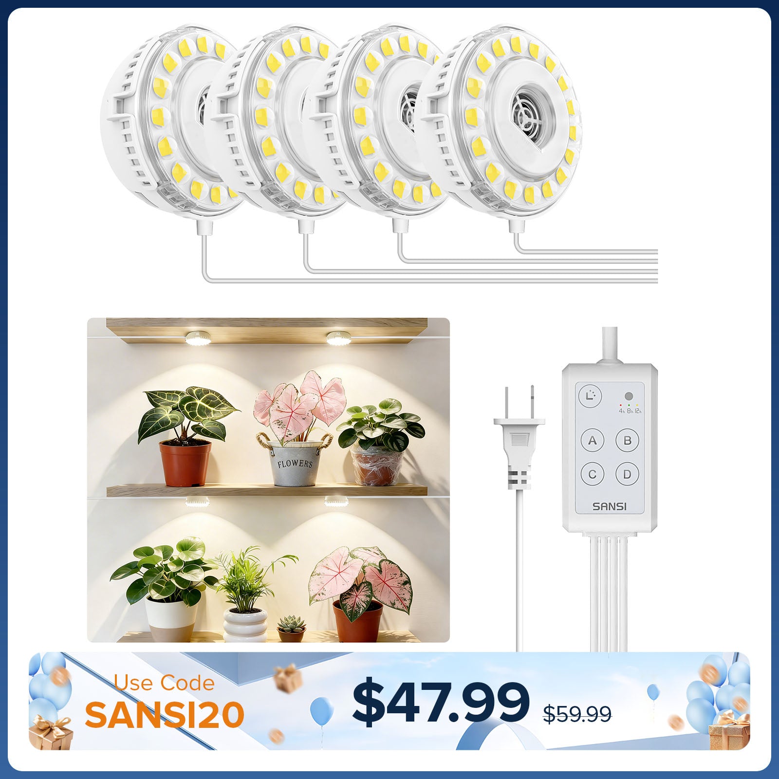 SANSI 20W Lampe de culture LED en forme de disque avec minuterie (US/CA UNIQUEMENT)