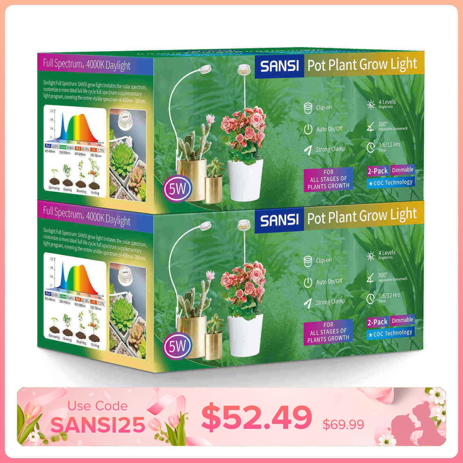 (Geschenkverpackung) 5W LED-Pflanzenlampe mit Topfclip (NUR USA/Kanada)