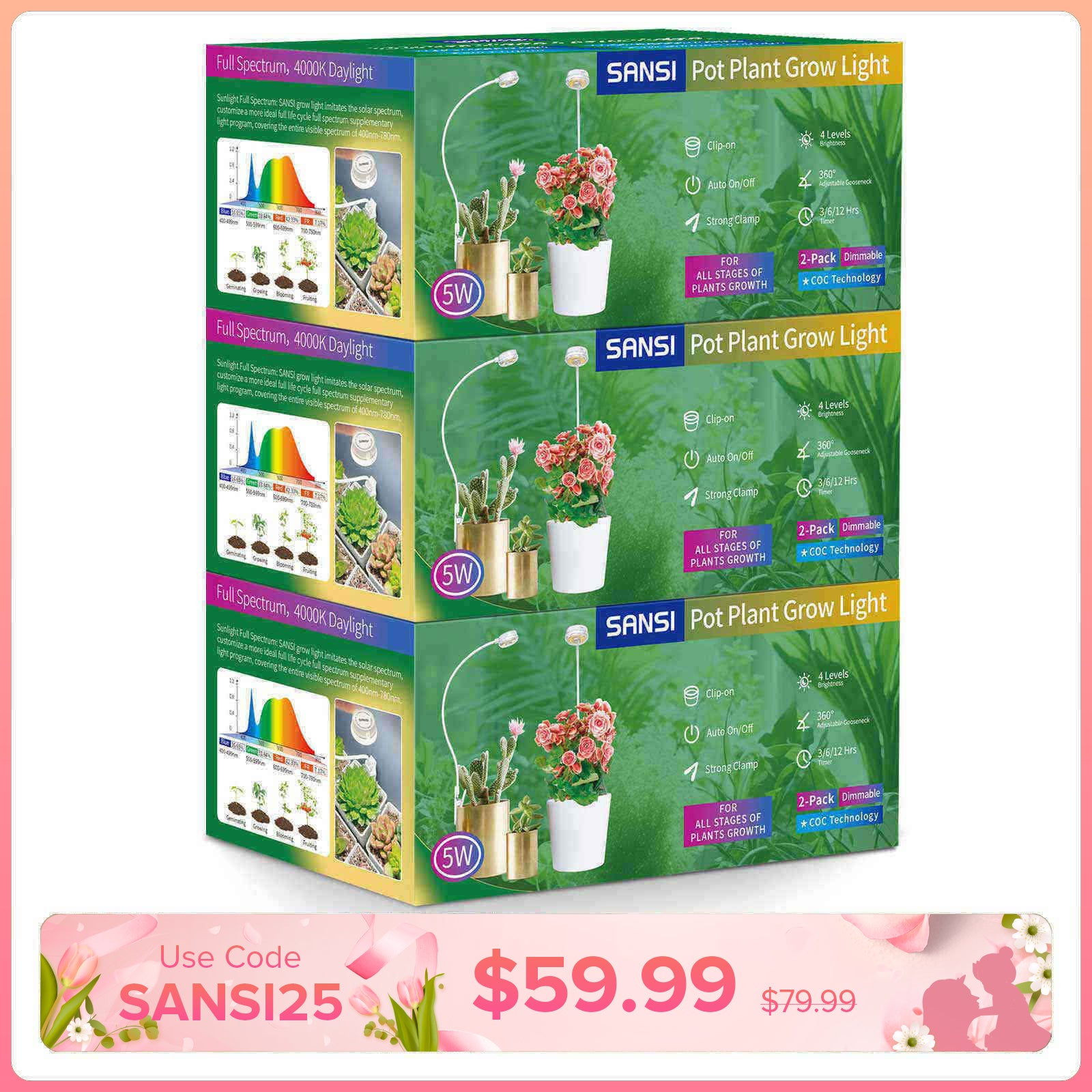 (Geschenkverpackung) 5W LED-Pflanzenlampe mit Topfclip (NUR USA/Kanada)