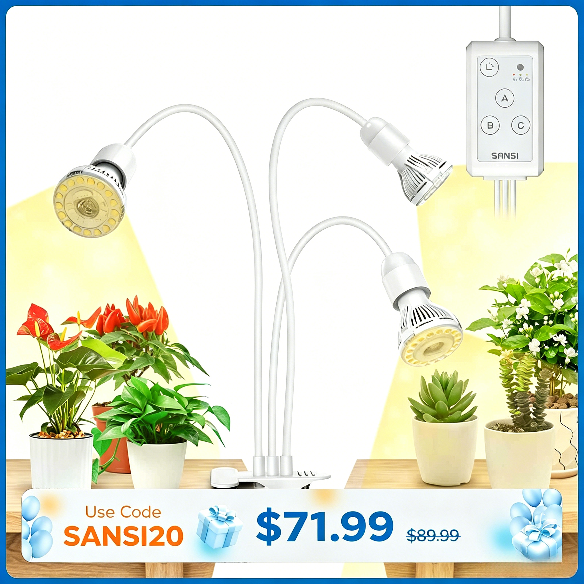full spectrum white led grow light bulb SANSI 30W Adjustable 3-Head Clip-on LED Grow Light with Timer-White