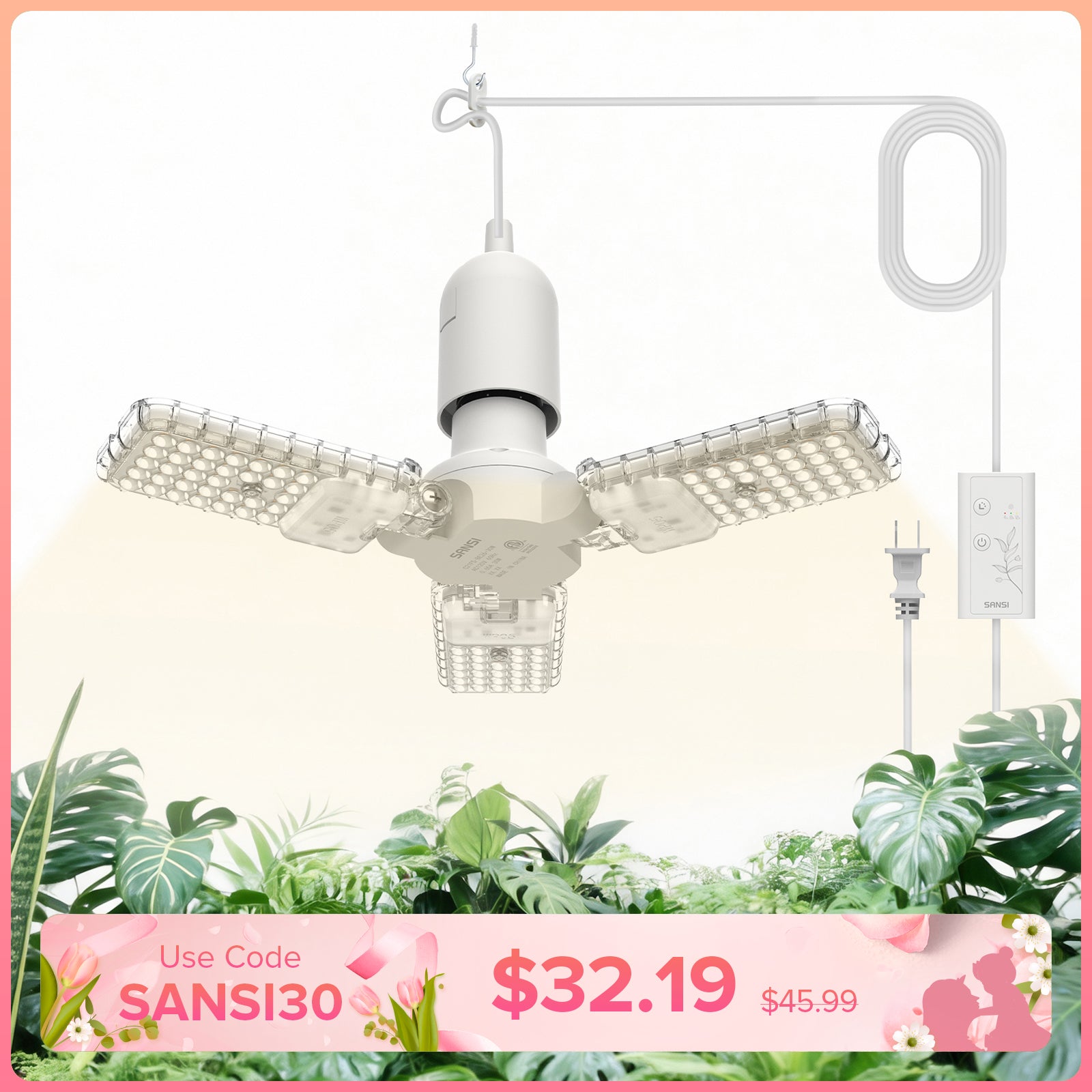 SANSI 30W Folding Wings LED Grow Light,easy to use & saving space