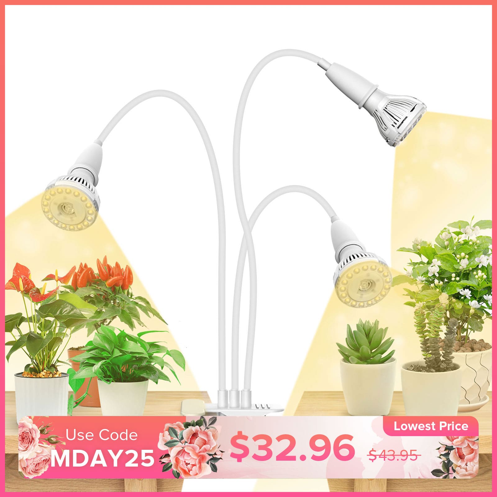30W Adjustable 3-Head Clip-on LED Grow Light (US/CA ONLY)