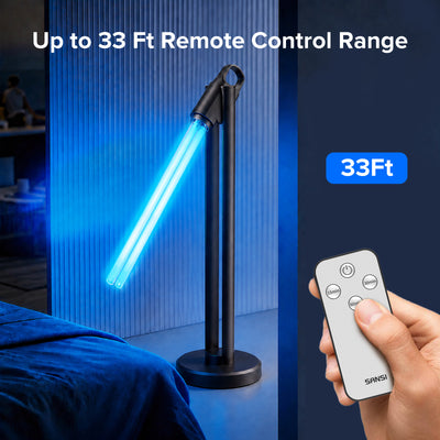 A black LED tube light on a stand glowing blue, shown in a bedroom setting with a hand holding a white SANSU remote control. Text overlays read 'Up to 33 Ft Remote Control Range' and '33Ft'.