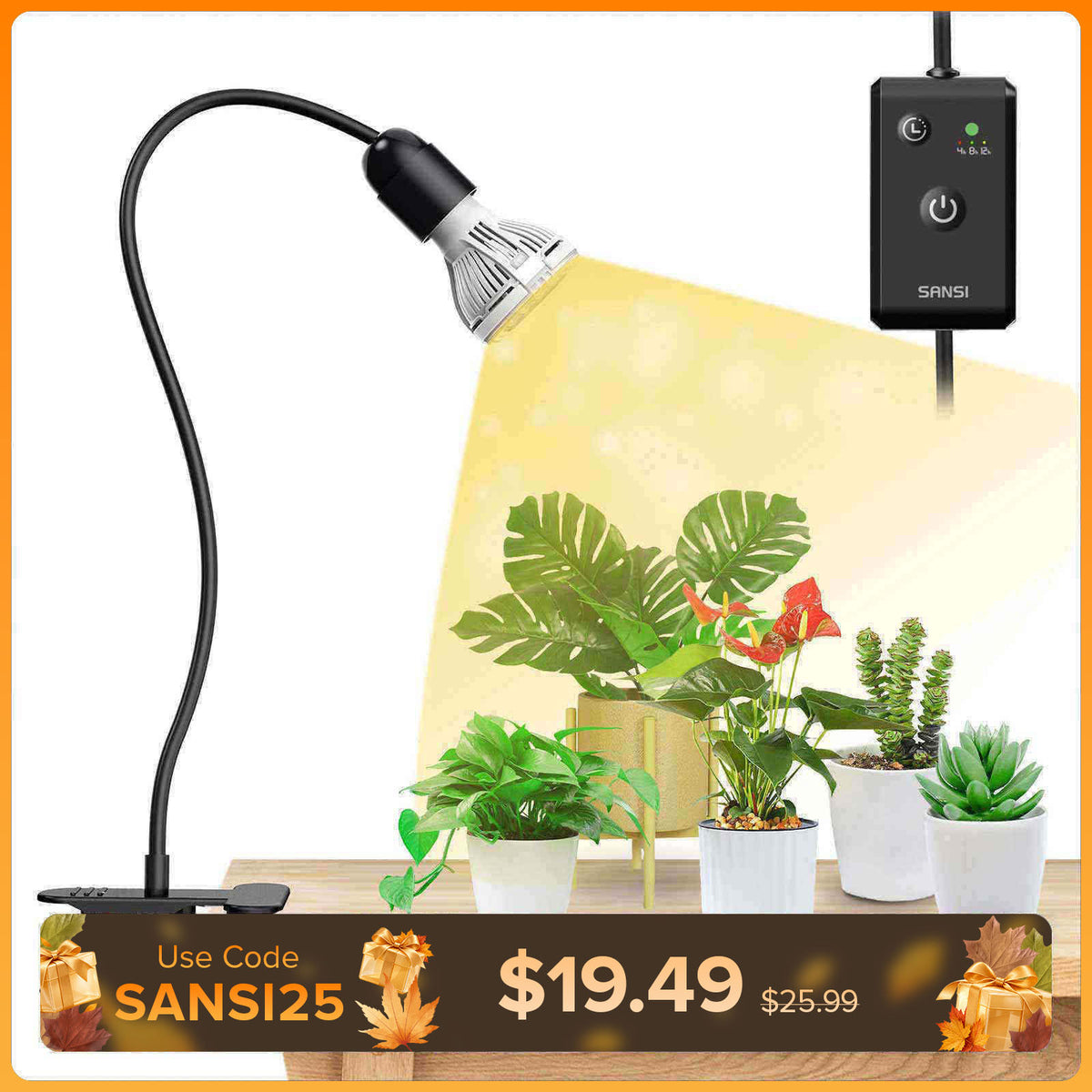 Lampada LED da coltivazione con clip, regolabile, a 1 testa, da 10 W, con timer (SOLO USA/CA) 