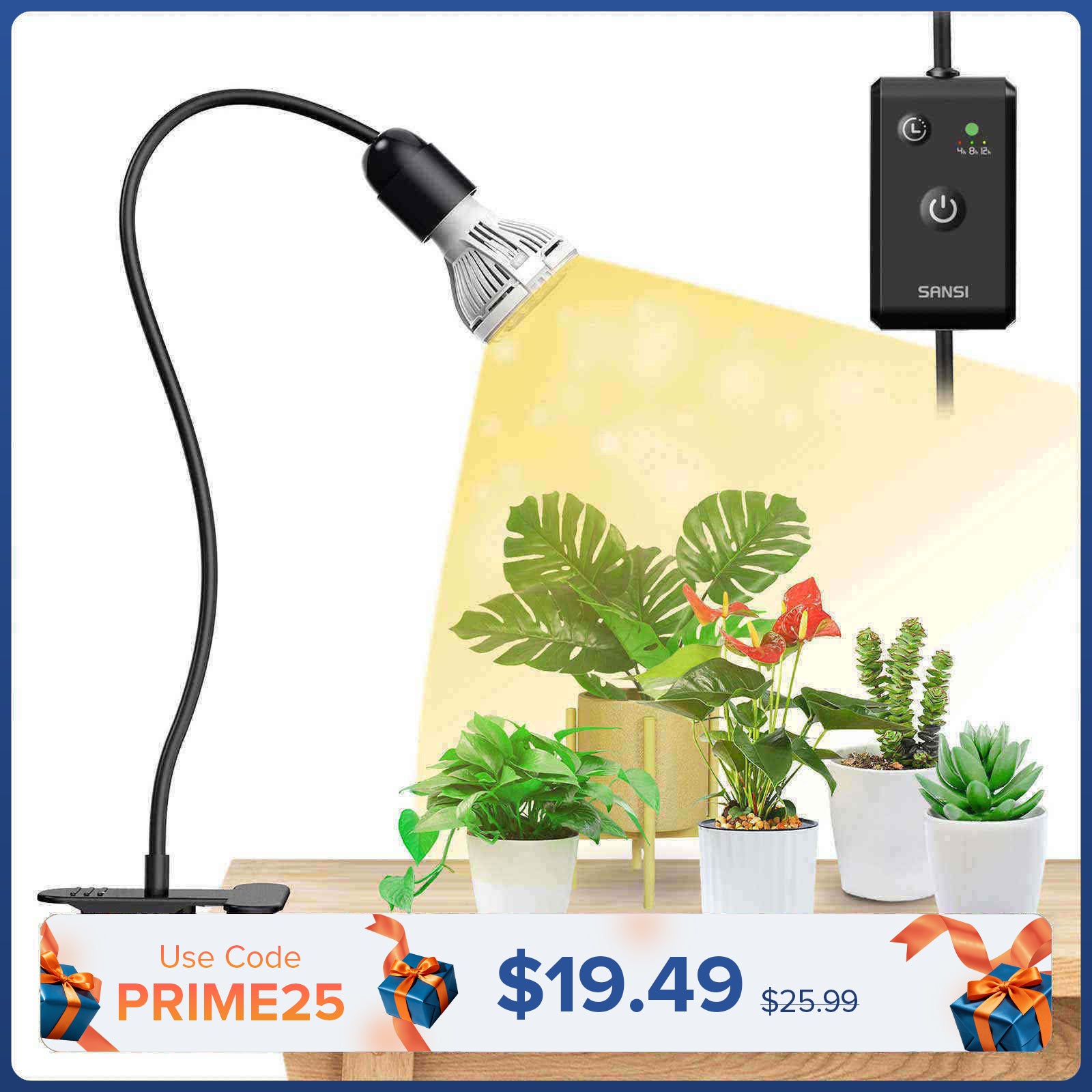 Lampada LED da coltivazione con clip, regolabile, a 1 testa, da 10 W, con timer (SOLO USA/CA) 