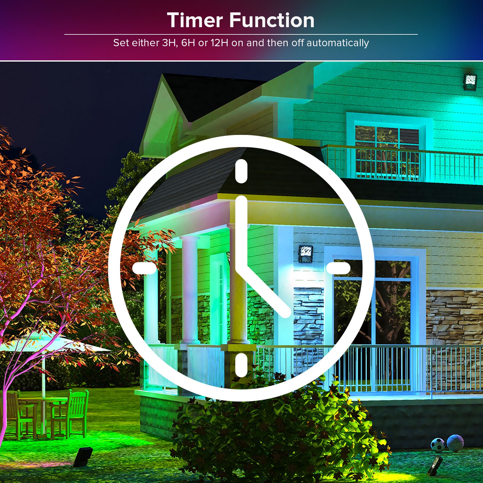 80W RGB Led Flood Light (US ONLY) has timer function，set either 3H. 6H or 12H on and then off automatically.