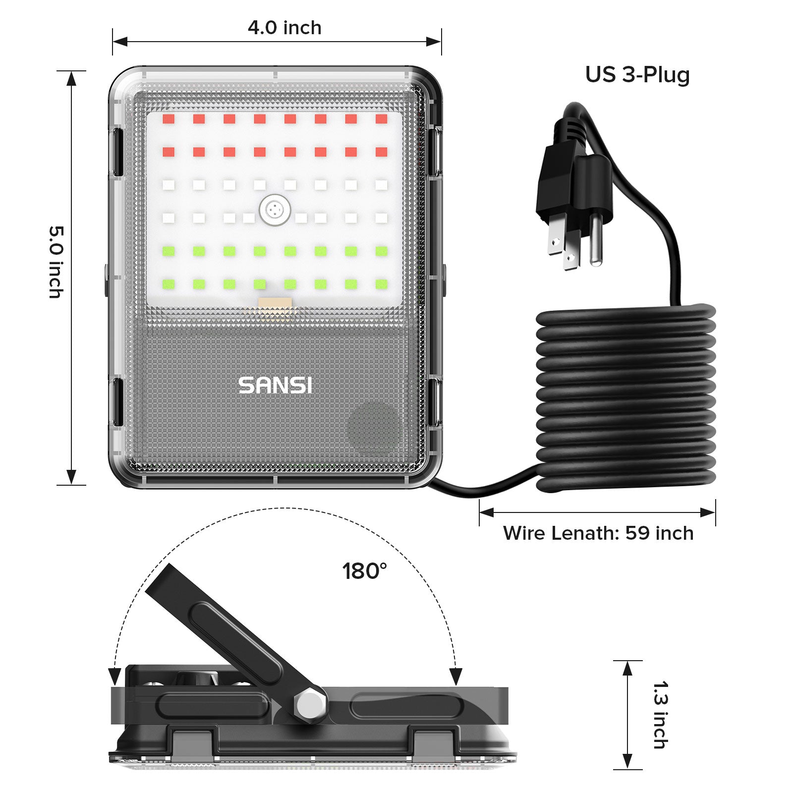 Size information and plug information for 80W RGB Led Flood Light (US ONLY) .