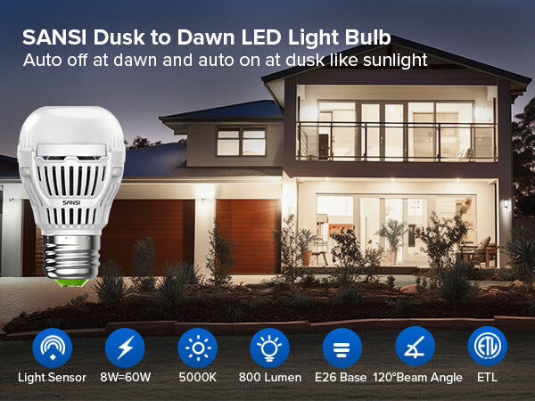SANSI Dusk to Dawn LED Light Bulb.Auto off at dawn and auto on at dusk like sunlight.