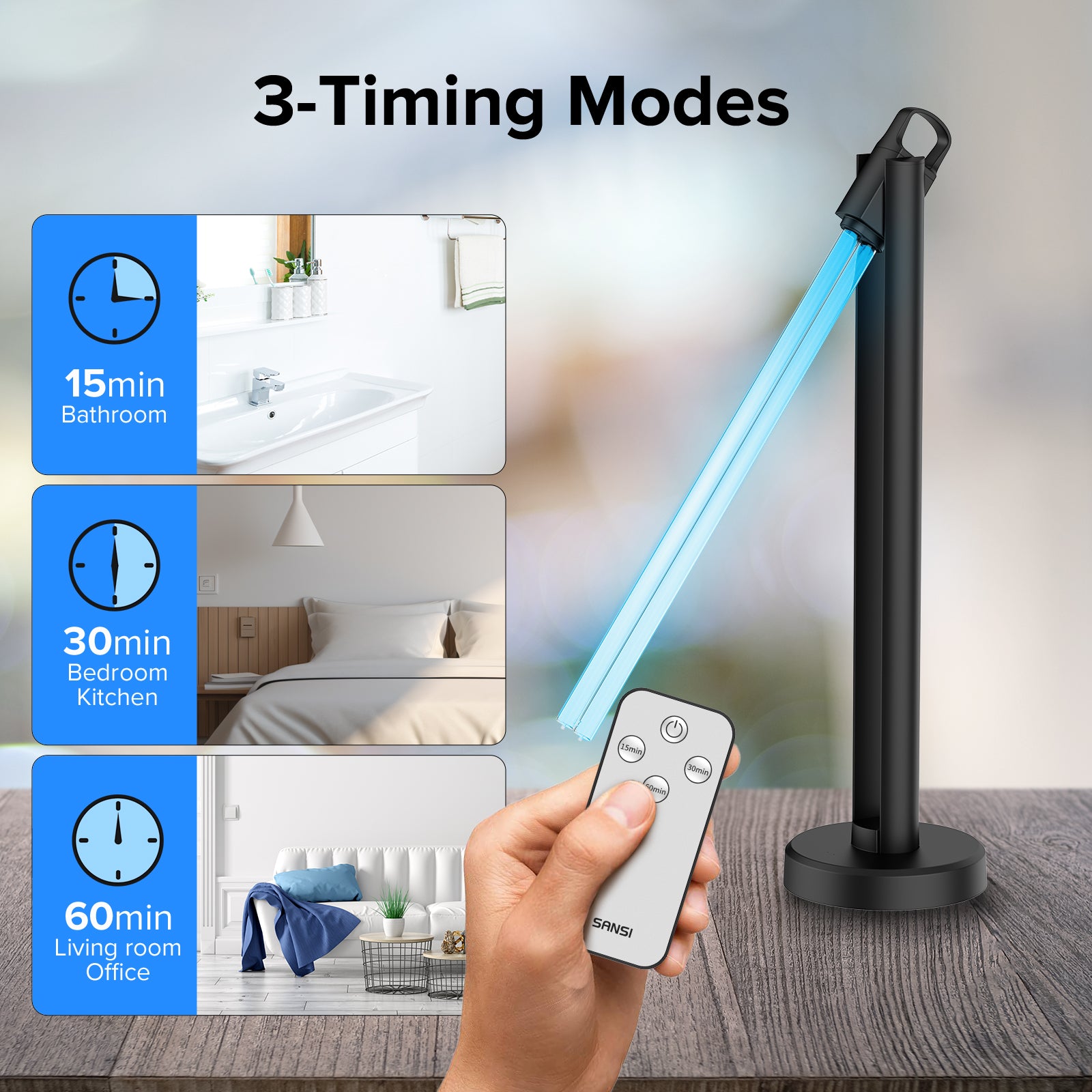 Black UV light stick lamp on a stand with a handheld remote control, shown with text reading '3-Timing Modes' and three inset bathroom, bedroom, and office usage scenes. A human hand is visible holding the remote, so this is Lifestyle rather than Product/Packaging.