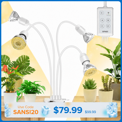 SANSI 40W Adjustable 4-Head Clip-on LED Grow Light with Timer-White