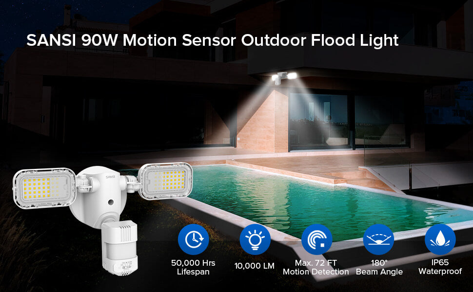 90W motion sensor outdoor flood light, 10,000LM, Max x72FT motion detection
