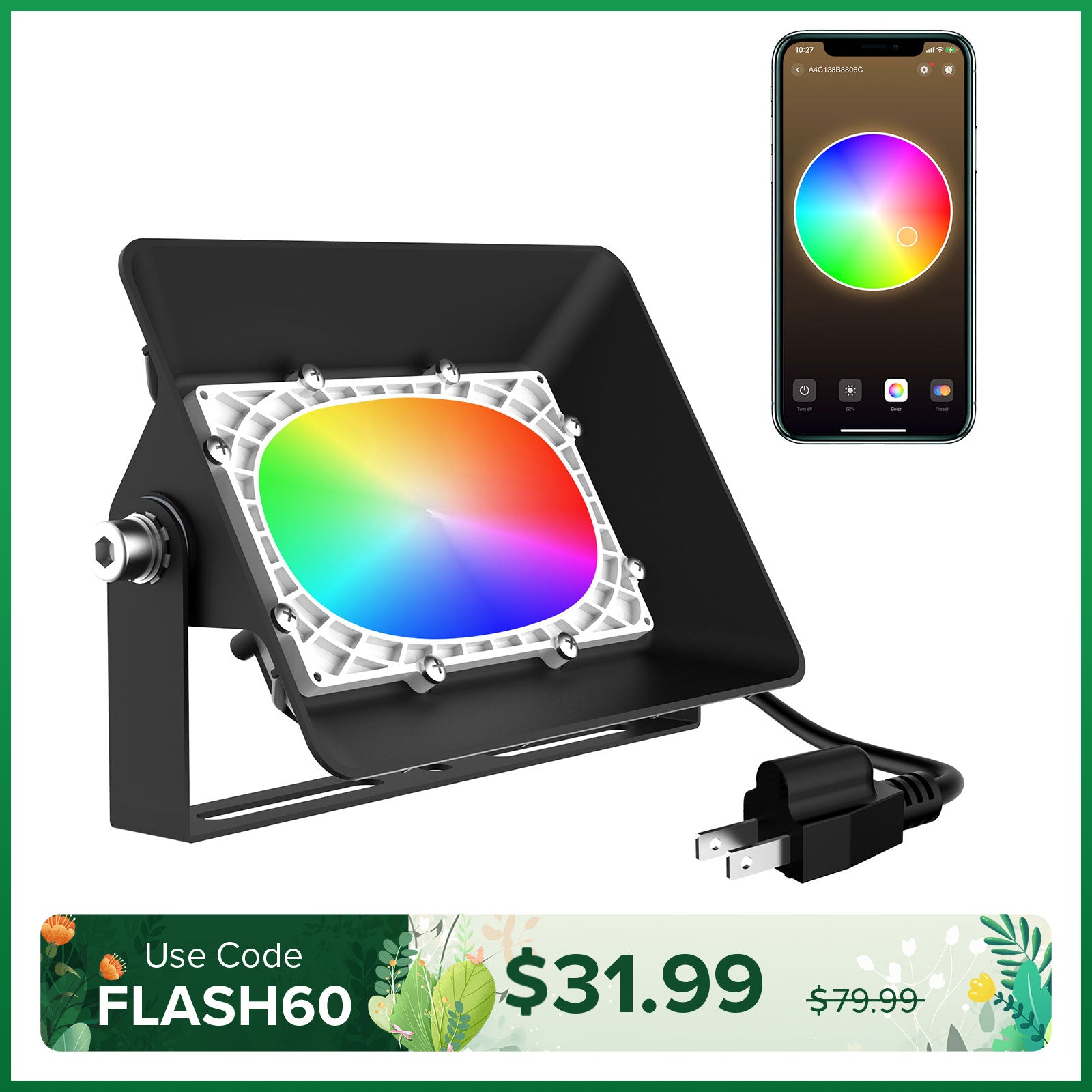 50W Smart RGB LED Flood Light (Bluetooth Controlled) (US ONLY)