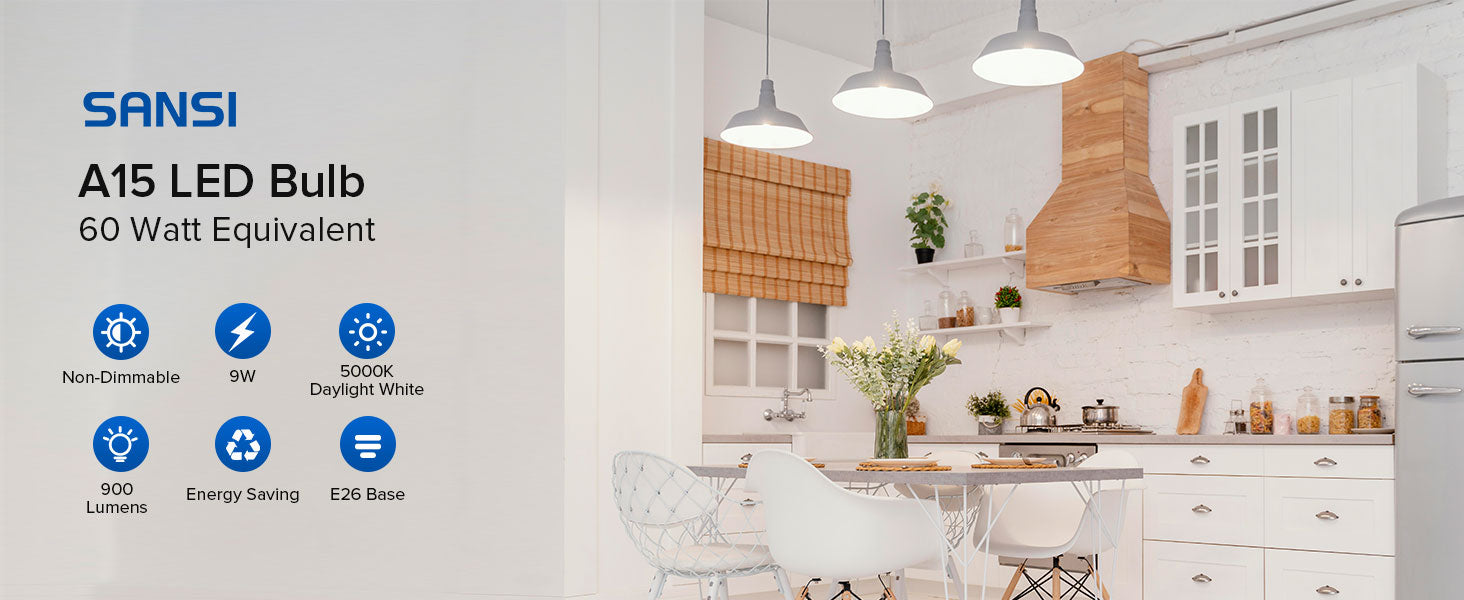 SANSI A15 9W LED Bulb(60 Watt Equivalent),non-Dimmable,5000K daylight white,900 Lumens and E26 Base.