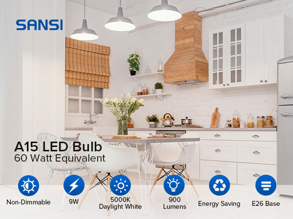 SANSI A15 9W LED Bulb(60 Watt Equivalent),non-Dimmable,5000K daylight white,900 Lumens and E26 Base.