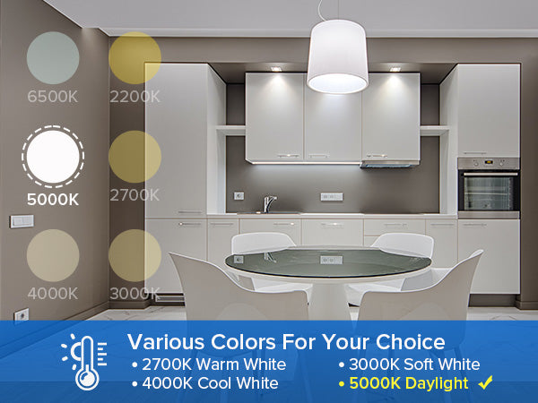 Various Colors For Your Choice：2700K Warm White,3000K Soft White,4000K Cool White and 5000K Daylight.