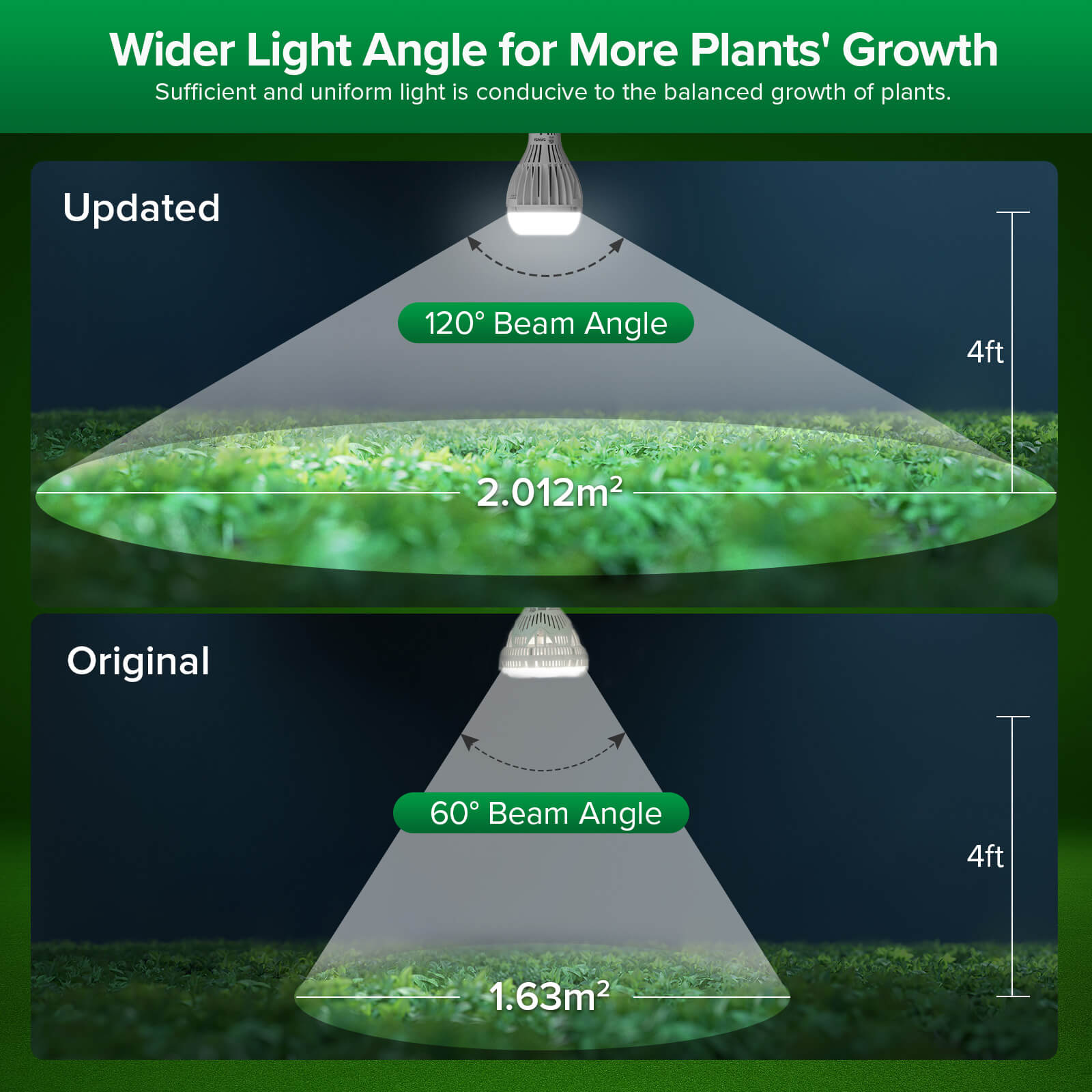 Wider Light Angle for More Plants' Growth：Sufficient and uniform light is conducive to the balanced growth of plants.