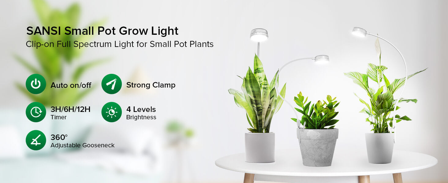 pot clip-on led grow light, auto on/off, strong clamp, 3H/6H/12H timer, 4 levels and 360° adjustable gooseneck