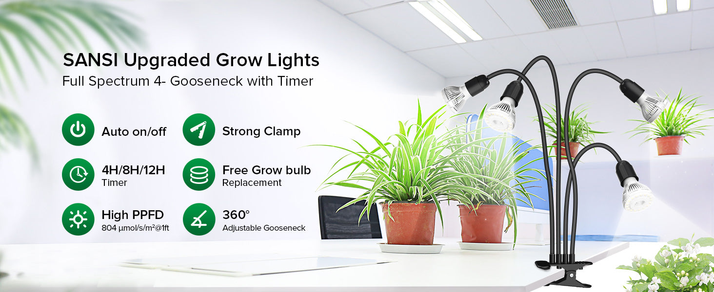 SANSI Upgraded Grow Lights,Full Spectrum 4- Gooseneck with Timer.
