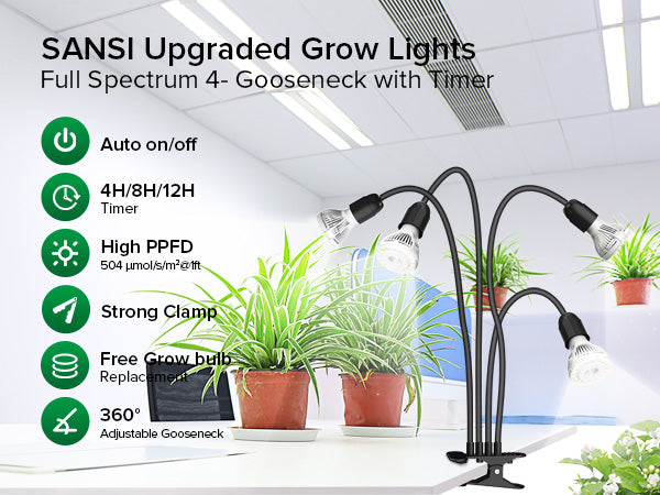 SANSI Upgraded Grow Lights,Full Spectrum 4- Gooseneck with Timer.