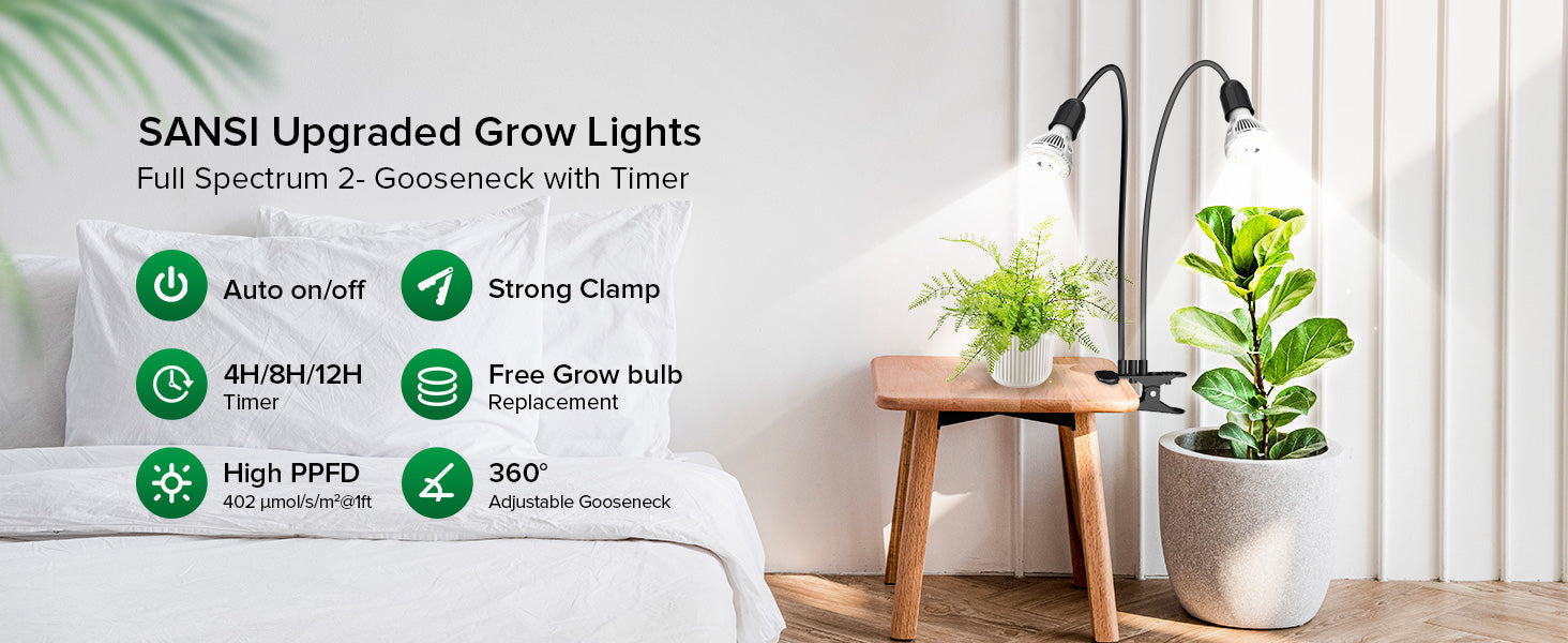 SANSI Upgraded Grow LightsFull Spectrum 2-Gooseneck with Timer,Six product parameters:1.Auto on/off 2.Strong Clamp 3.4H/8H/12H Timer 4.Free Grow Bulb Replacement 5. High PPFD 6. 360° Adjustable gooseneck.