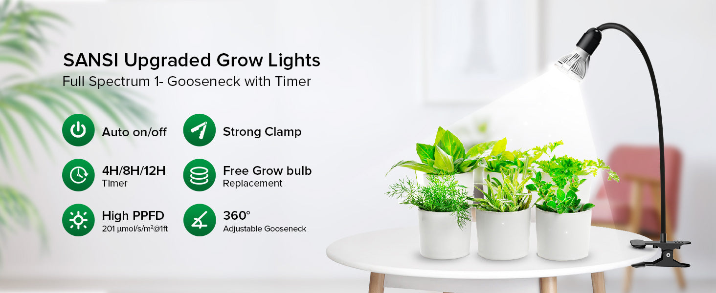SANSI Upgraded Grow Lights Full Spectrum 1-Gooseneck with Timer,Six product parameters:1.Auto on/off 2.Strong Clamp 3.4H/8H/12H Timer 4.Free Grow Bulb Replacement 5. High PPFD 6. 360° Adjustable gooseneck.