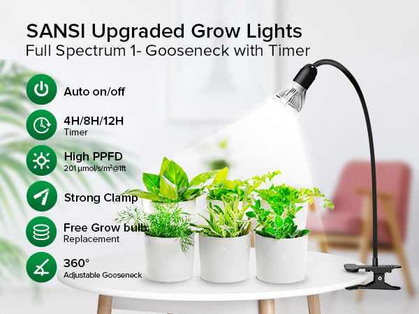 SANSI Upgraded Grow Lights Full Spectrum 1-Gooseneck with Timer,Six product parameters:1.Auto on/off 2.Strong Clamp 3.4H/8H/12H Timer 4.Free Grow Bulb Replacement 5. High PPFD 6. 360° Adjustable gooseneck.