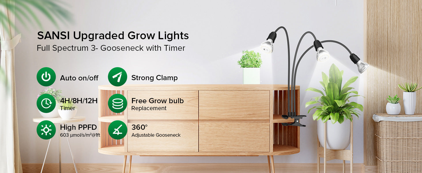 SANSI Upgraded Grow LightsFull Spectrum 3-Gooseneck with Timer,Six product parameters:1.Auto on/off 2.Strong Clamp 3.4H/8H/12H Timer 4.Free Grow Bulb Replacement 5. High PPFD 6. 360° Adjustable gooseneck.