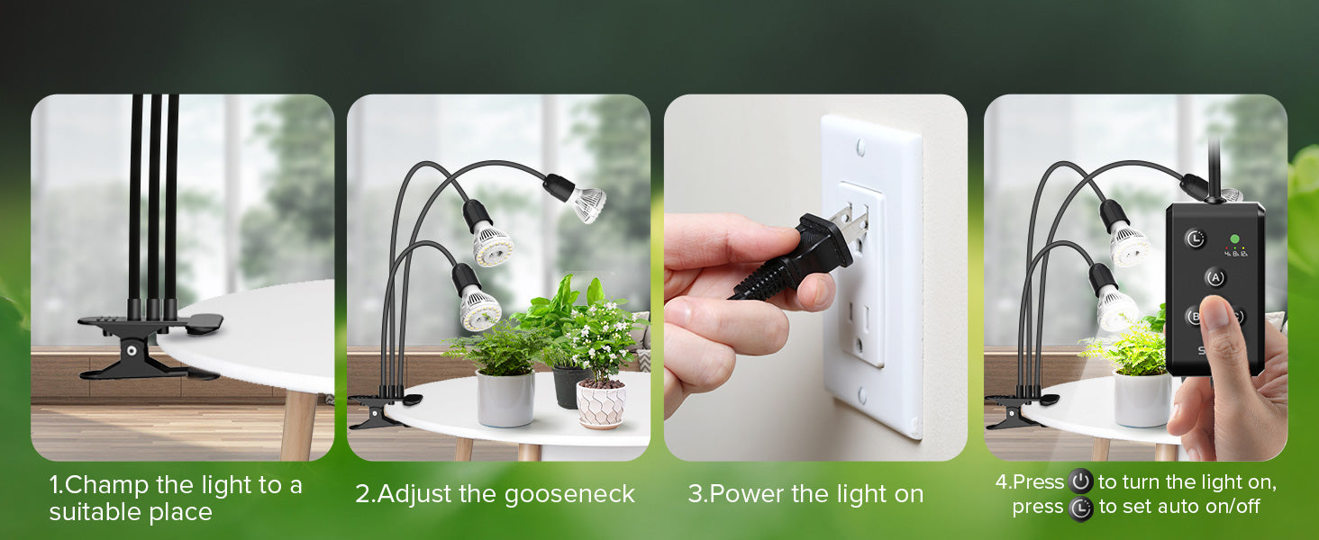 Lighting User guide：1.Champ the light to asuitable place 2.Adjust the gooseneck 3.Power the light on.