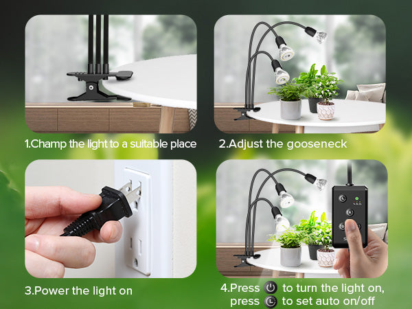 Lighting User guide：1.Champ the light to asuitable place 2.Adjust the gooseneck 3.Power the light on.