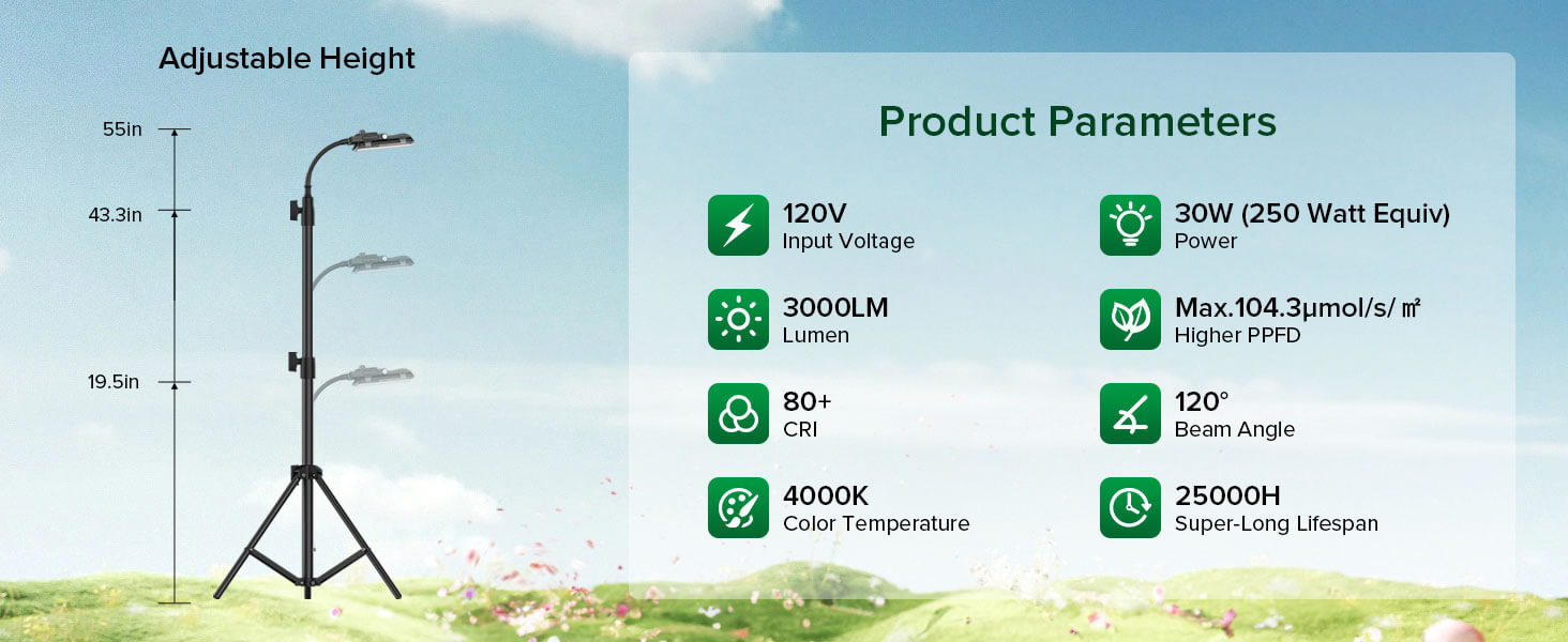 Product Parameters for 30W LED grow light with stand.