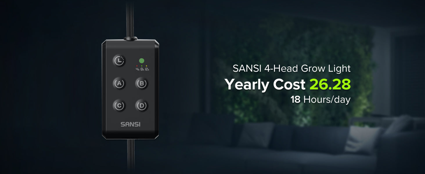 Energy Saving：SANSI 4-Head Grow Light,Yearly Cost $26.28,18 Hours/day.
