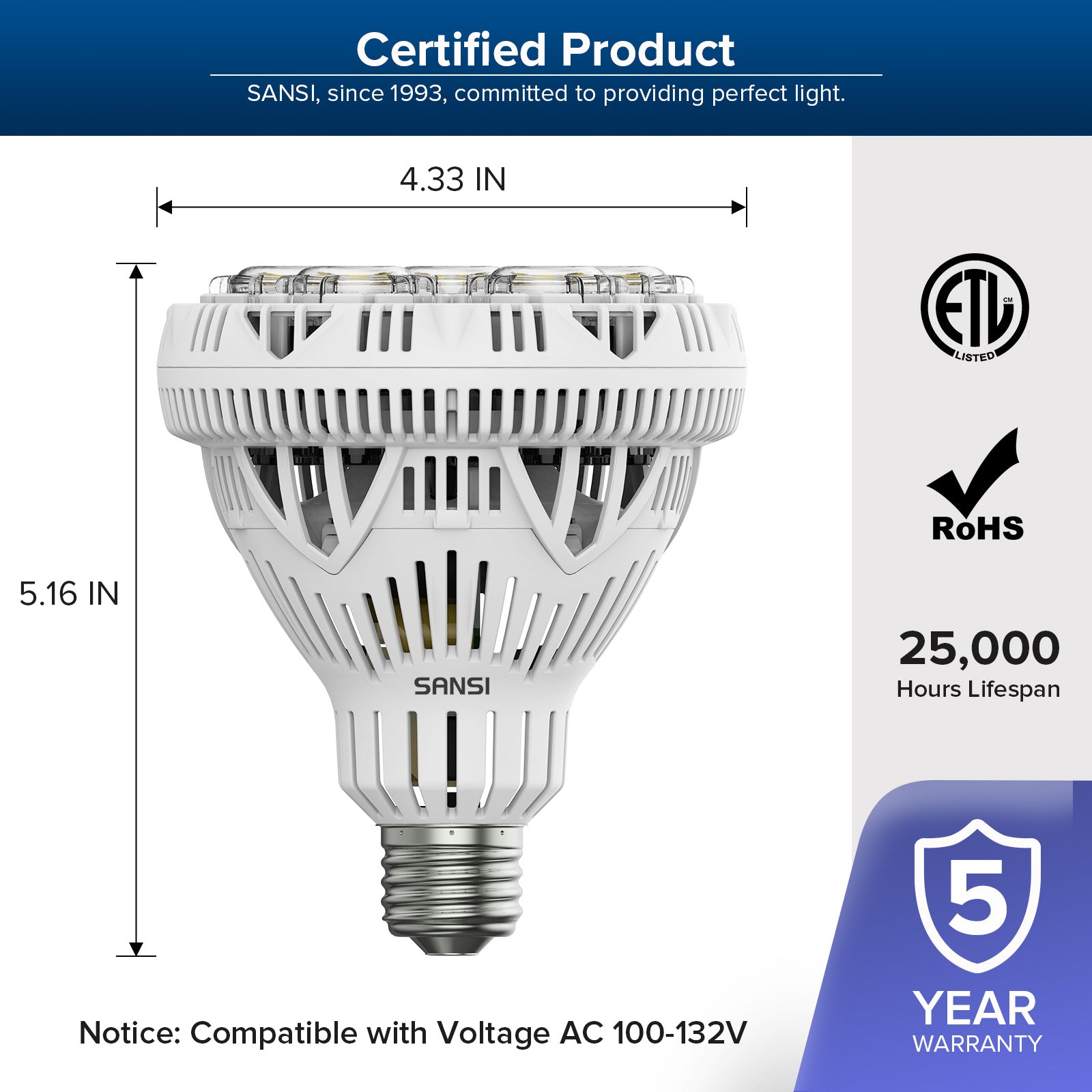 BR30 30W LED Light Bulb(US ONLY) has ETL、ROHS certification,25000 hours lifespan.