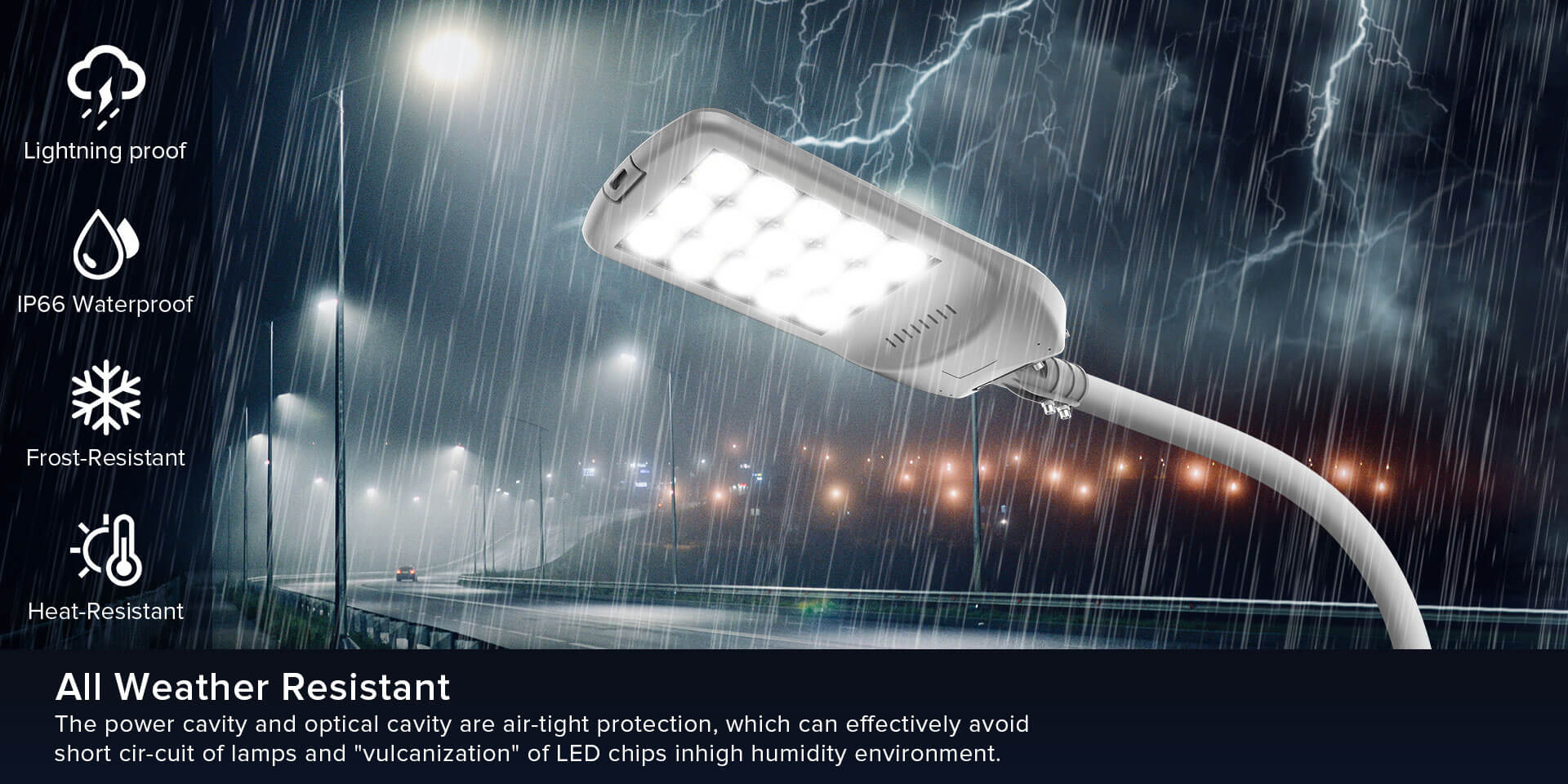 All Weather Resistant: The power cavity and optical cavity are air tight protection, which can effectively avoidshort cir-cuit of lamps and "vulcanization" of LED chips inhigh humidity environment.
