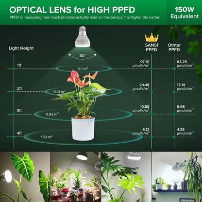 High PPFD Grow Light Bulbs：PPFD is measuring how much photons actually land on the canopy, the higher the better.