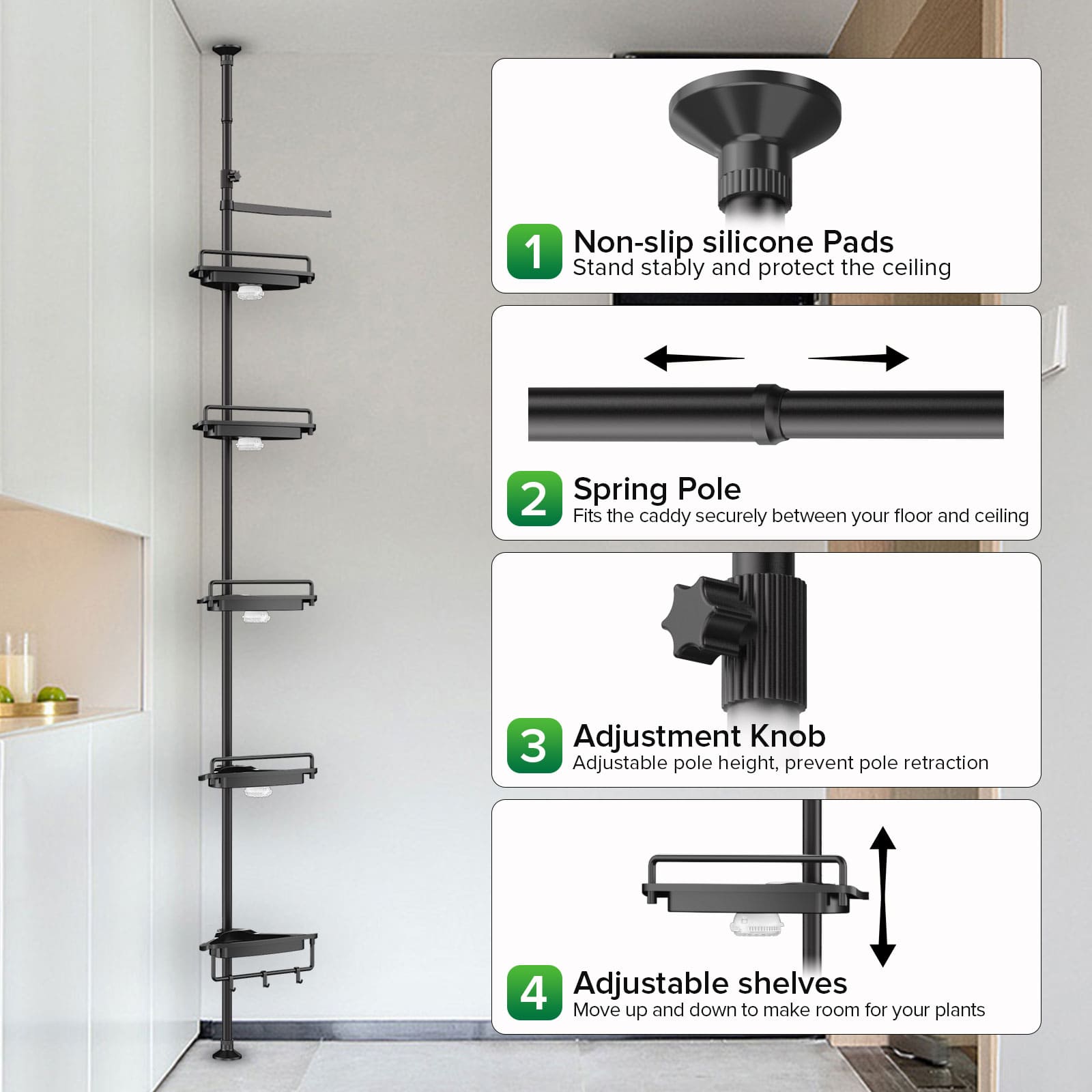 SANSI 20W LED Puck Grow Light with Shelf is equipped with 1. Non-slip silicone Pads, which stand stably and protect the ceiling，2.Spring Pole, which fits the caddy securely between your floor and ceiling 3. Adjustment Knob, adjustable pole height, prevent pole retraction 4. Adiustable shelves， move up and down to make room for your plants.