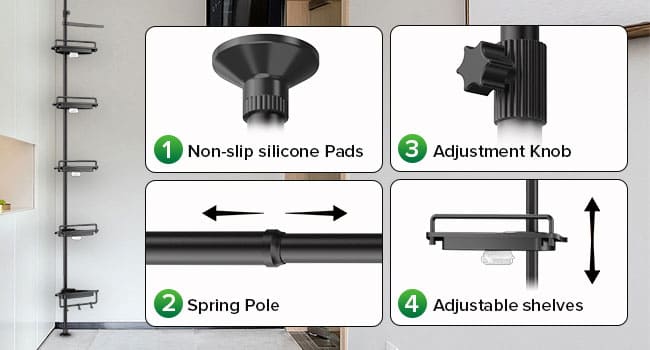 SANSI 20W LED Puck Grow Light with Shelf is equipped with 1. Non-slip silicone Pads, which stand stably and protect the ceiling，2.Spring Pole, which fits the caddy securely between your floor and ceiling 3. Adjustment Knob, adjustable pole height, prevent pole retraction 4. Adiustable shelves， move up and down to make room for your plants.