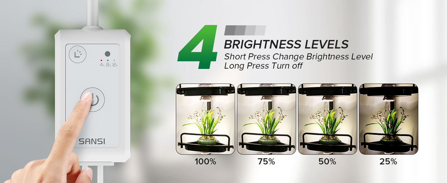 SANSI 20W LED Puck Grow Light with Shelf is equipped with 4 dimming levels, settings to different plants requirements ranging from 25%, 50%, 75% to 100%.