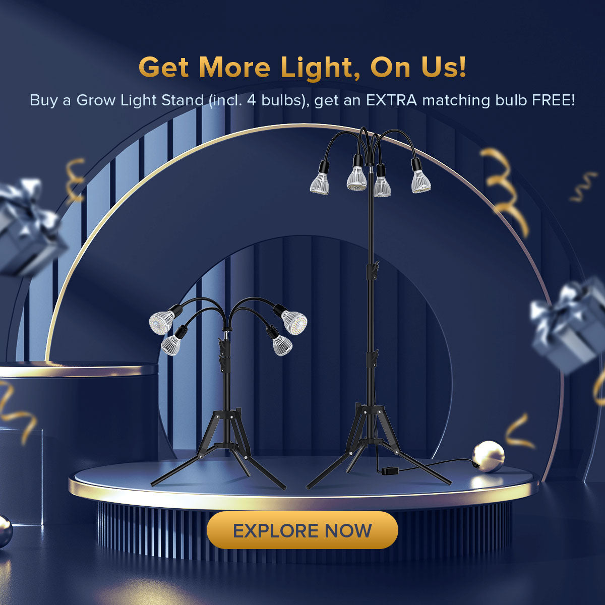 Get More Light, on Us! Buy a Grow Light Stand (incl. 4 bulbs), get an EXTRA matching bulb FREE!