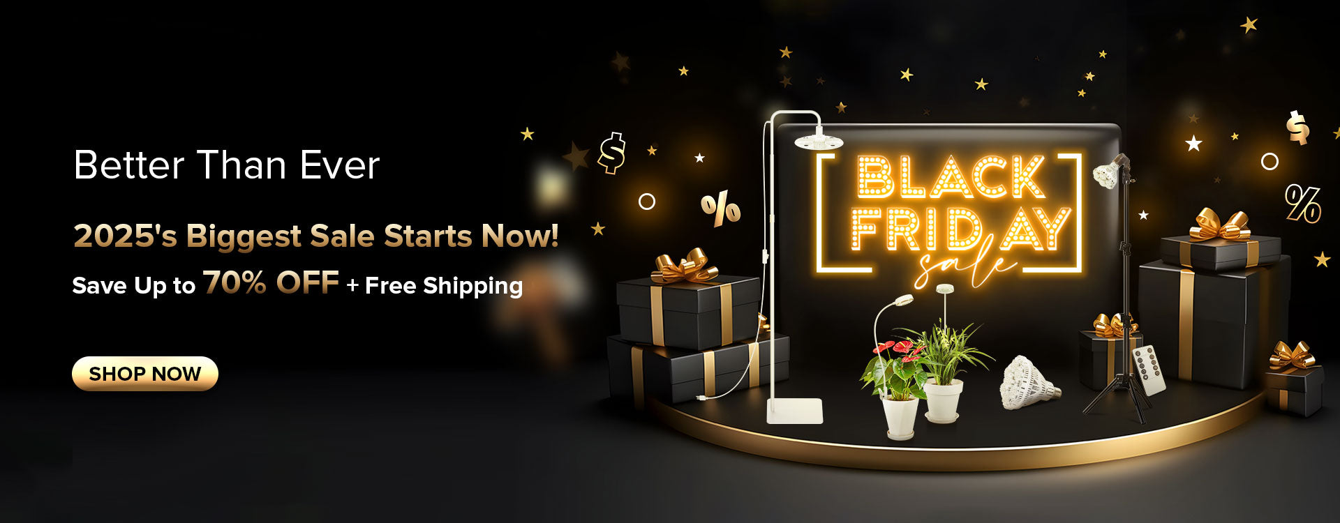 SANSI Black Friday sale advertisement with neon sign and gift boxes on a dark background.
