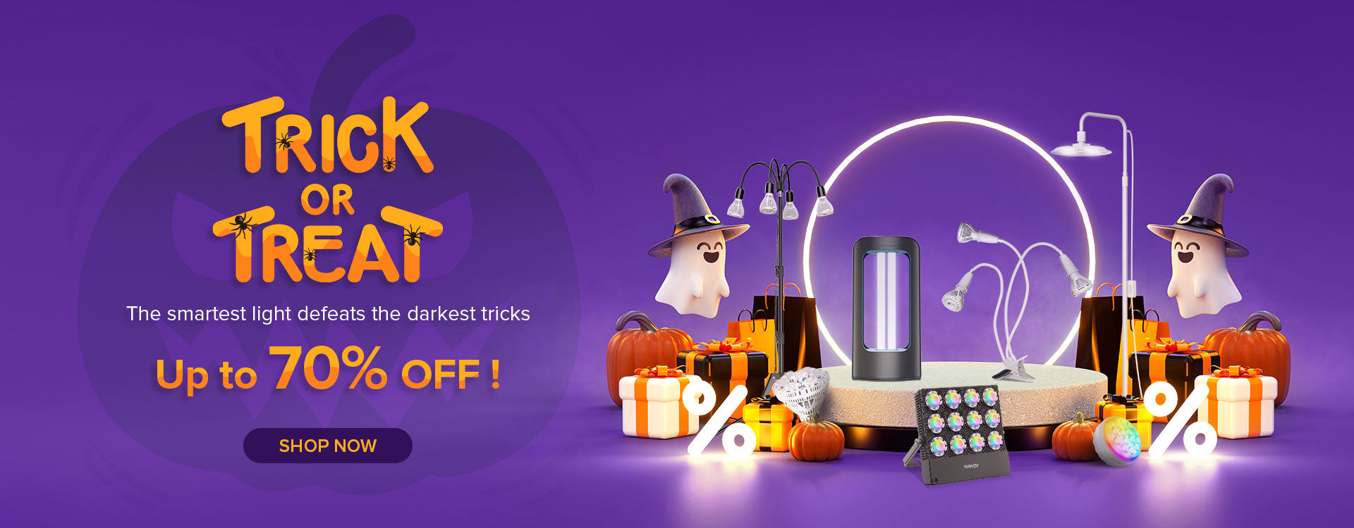Halloween-themed promotional banner with lights and pumpkins on a purple background