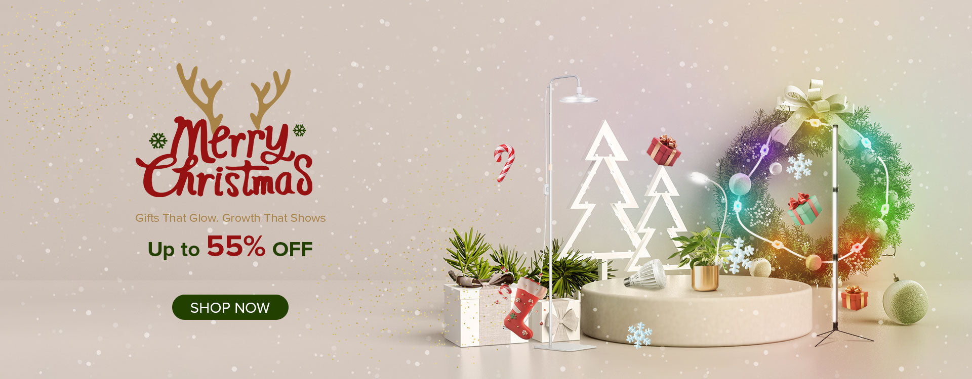 Christmas-themed promotional banner with decorative items and a 'Shop Now' button.