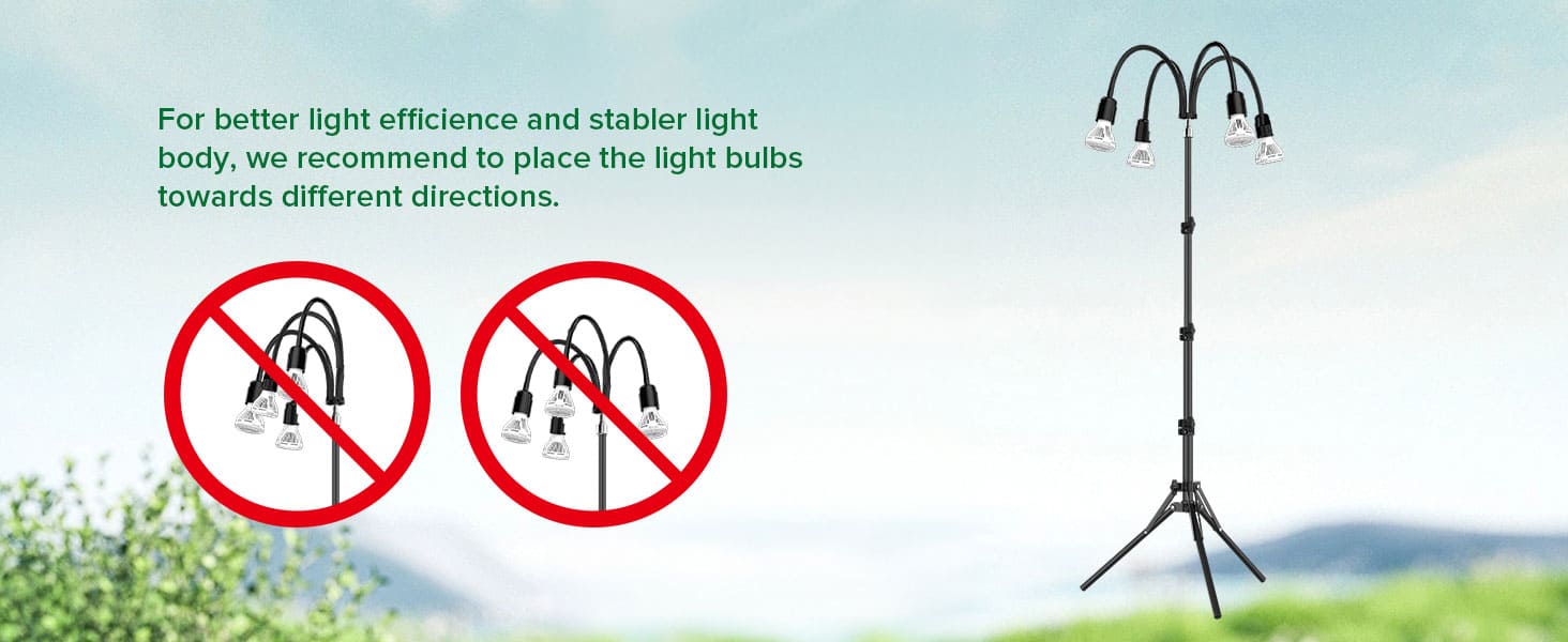 For better light efficience and stabler light body, we recommend to place the light bulbs towards different directions.