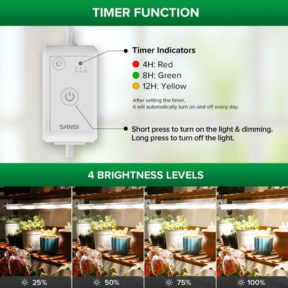 SANSI T8 25W LED Grow Light is equipped with timer function and 4 brightness levels.