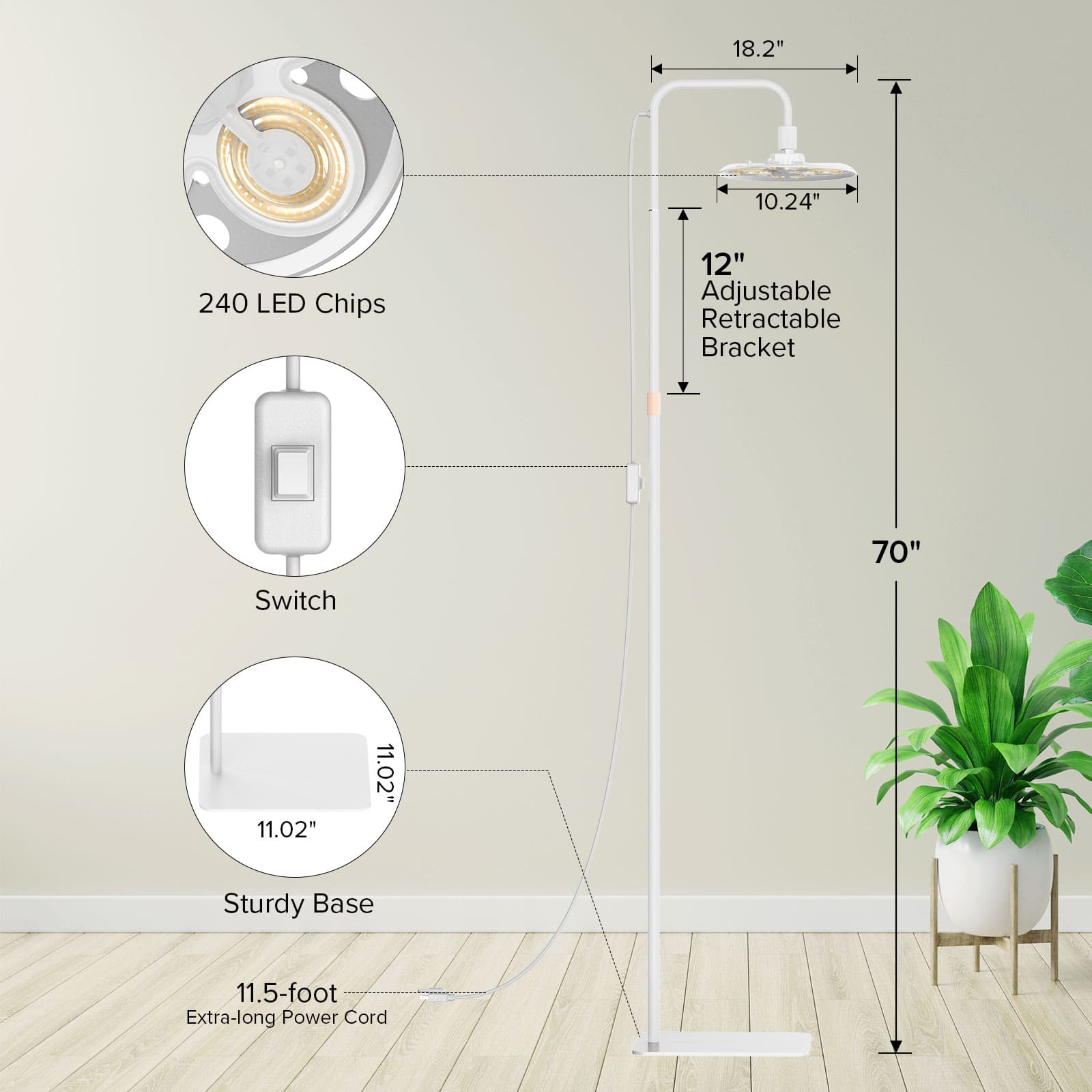 SANSI Tall Standing Grow Light with 12“ adjustable retractable bracket and 11.5 ft extra-long power cord.