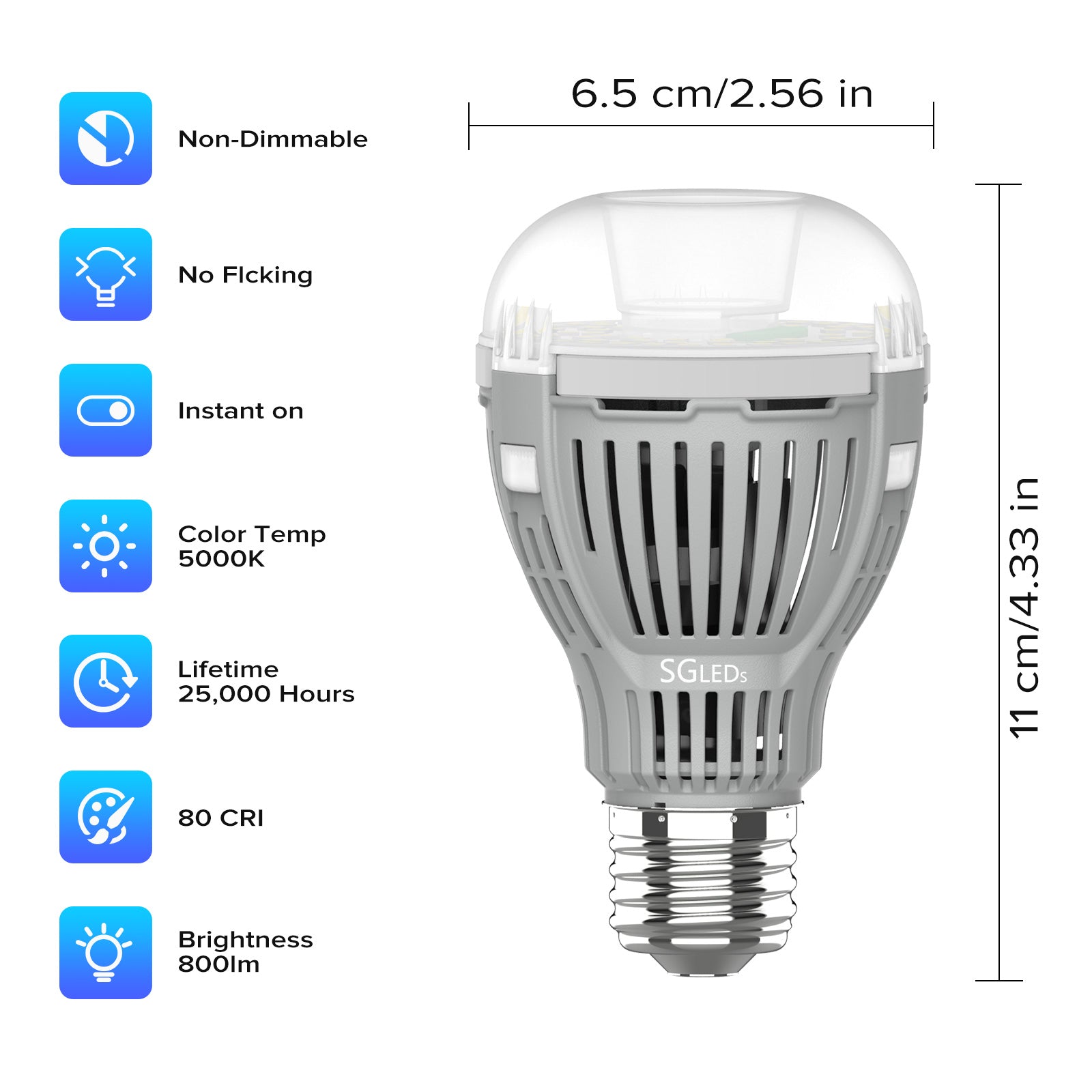 SG A19 12W led light bulb, non-dimmable, no flicking, instant on, color temp 5000K, 25,000 hours lifetime, 80 CRI, 800 lumen