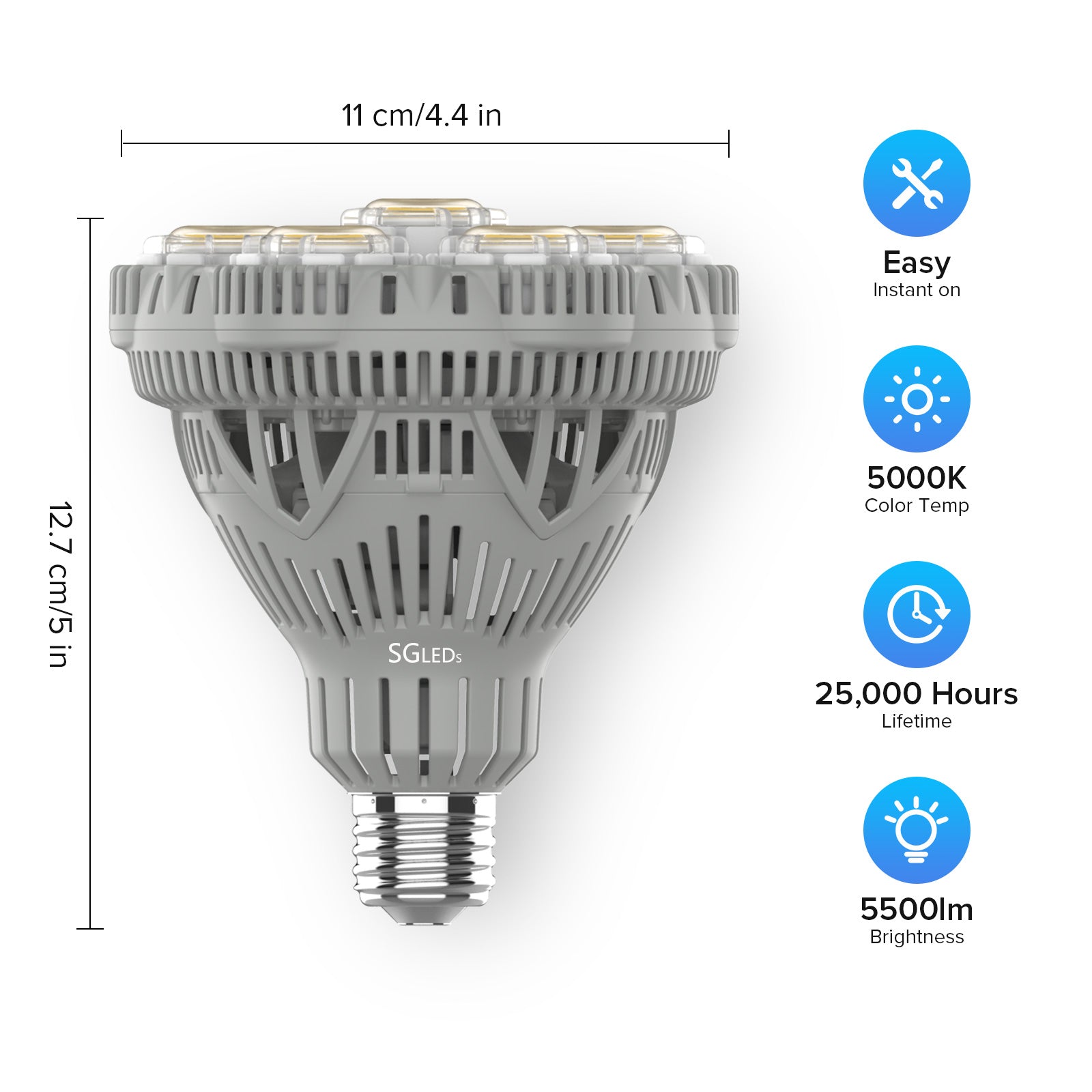 SG BR30 40W Warehouse Led Light Bulb size dimension.5000K，5500LM.