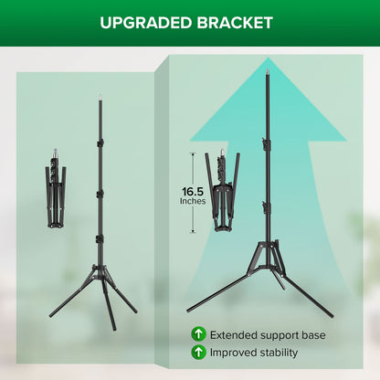 We have reinforced and upgraded the bracket, extended the fixed base to make the bracket more stable. with a height adjustment range from 35 to 65 inches, whether it's a potted plant or a tall plant, you can easily position the light according to your plant's needs.