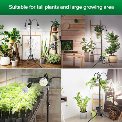 Upgraded 96W Grow Light with Adjustable Tripod Stand is suitable for tall plants and large growing area.