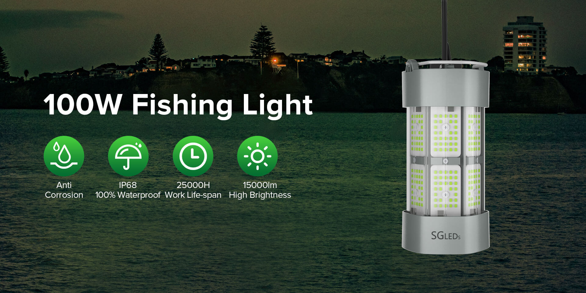 green fishing light, anti-corrosion, IP68 waterproof,25000H work hours, 15000lm